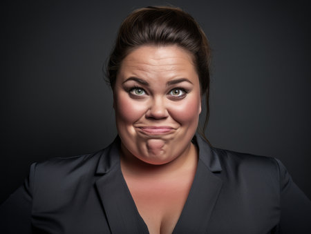 a woman in a black suit making a funny faceの素材