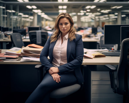 a woman in a business suit sitting on a chair in an officeの素材