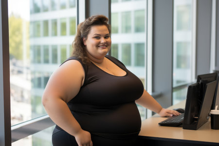 a woman in a black top standing in front of a computerの素材