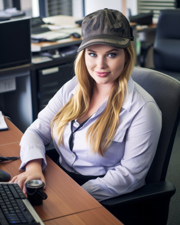 a woman in a hat sitting at a desk with a computerの素材