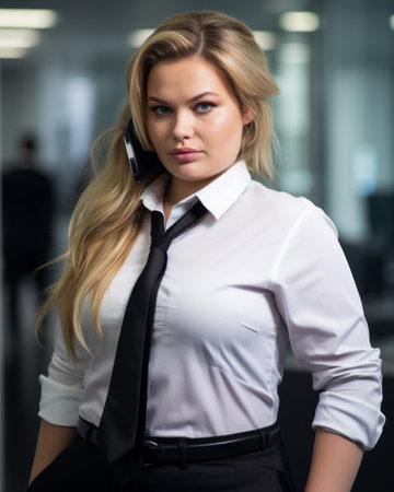 a woman in a white shirt and black tie talking on the phoneの素材