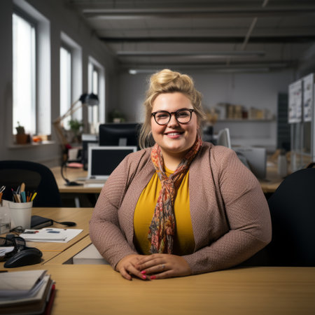 a woman in glasses sitting at a desk in an officeの素材