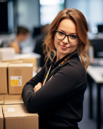 a woman in glasses standing in front of a stack of boxesの素材