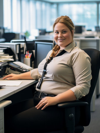 a woman sitting at a desk in an officeの素材