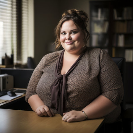 a woman sitting at a desk in an officeの素材