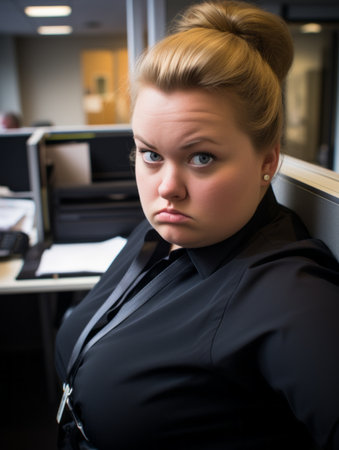 a woman sitting at a desk in an officeの素材