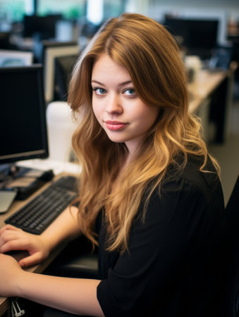 a woman sitting at a desk in front of a computerの素材