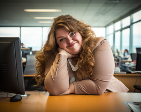 a woman sitting at a desk in front of a computerの素材
