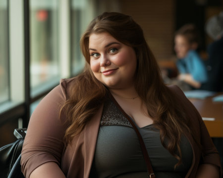 a woman sitting at a table with her hands on her lapの素材