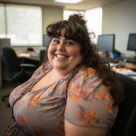 a woman sitting in an office with a smile on her faceの素材