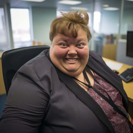 a woman sitting in an office with a smile on her faceの素材