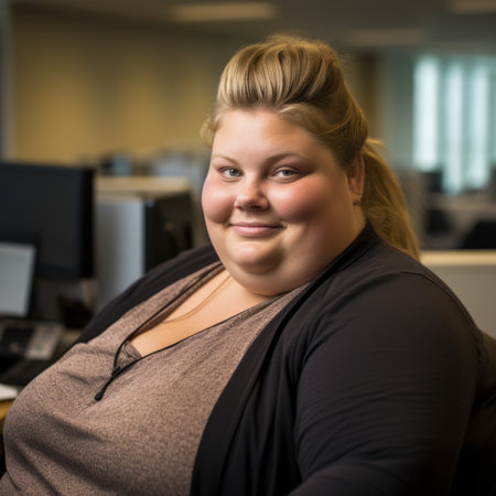 a woman sitting in an office with a big smile on her faceの素材