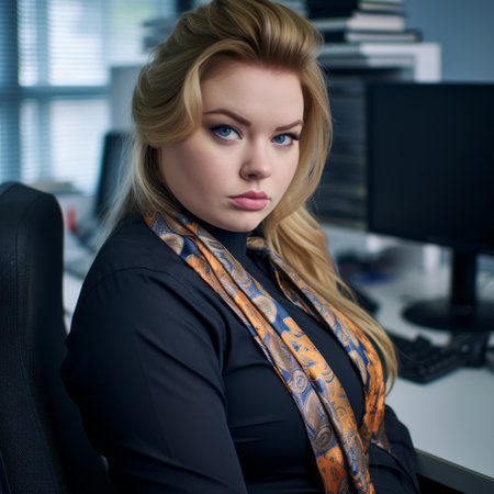 a woman wearing a black shirt and tie sitting in front of a computerの素材