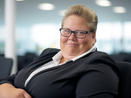 a woman wearing glasses and a suit sitting in an officeの素材