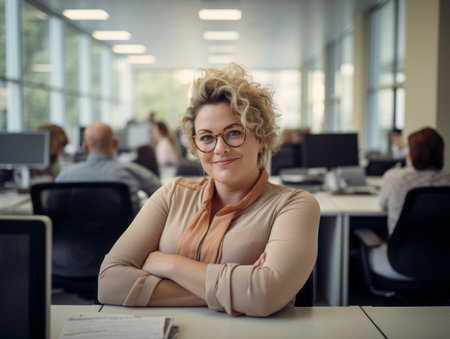 a woman with glasses sitting at a desk in an officeの素材