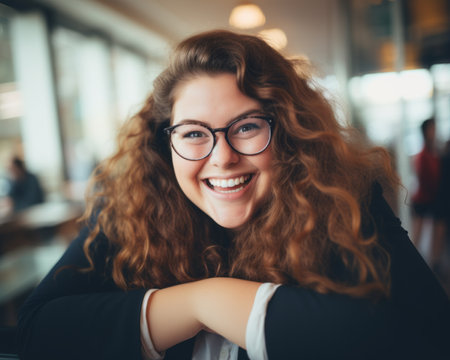 a woman with curly hair and glasses smilingの素材