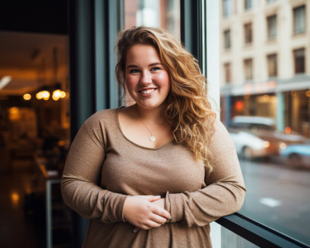 a young woman standing in front of a window with her hands on her hipsの素材