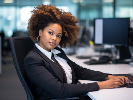 an african american woman in a business suit sitting at a deskの素材
