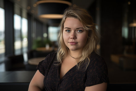a woman sitting at a table with her arms crossedの素材