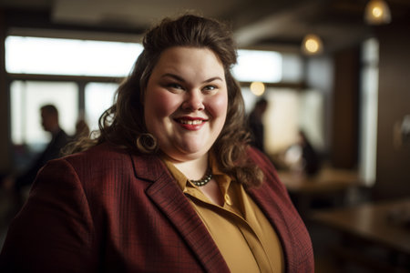 a woman in a red blazer is smiling for the cameraの素材