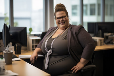 a woman sitting at a desk in front of a computerの素材