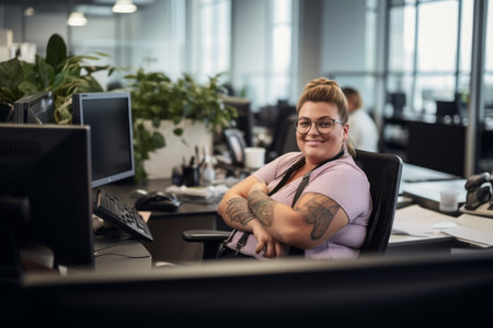 a woman with tattoos sitting at a desk in an officeの素材