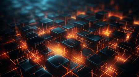 3d rendering of a futuristic city with orange lightsの素材