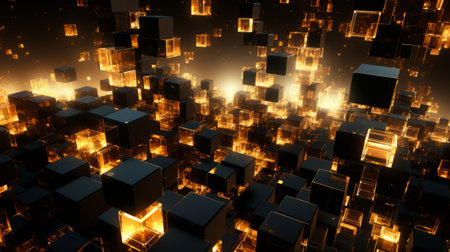 3d rendering of a black and gold background with glowing cubesの素材