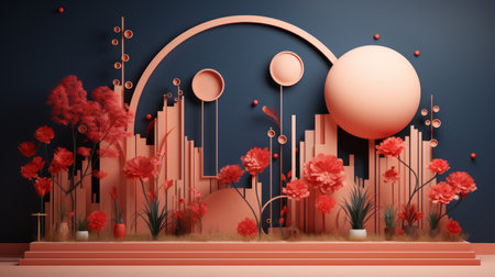 3d rendering of a cityscape with red flowersの素材