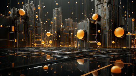 3d rendering of a futuristic city with orange dotsの素材