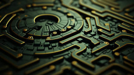a close up of a circuit board with gold and black partsの素材