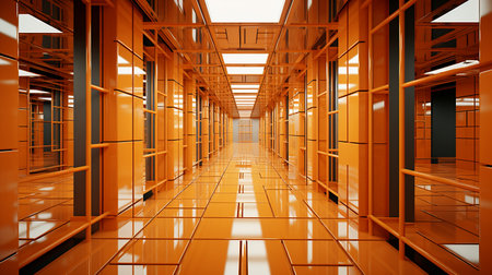 a long hallway with orange walls and flooringの素材