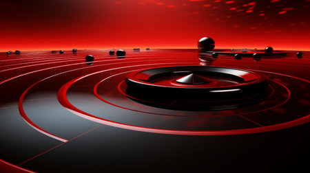 a futuristic red and black background with a black object in the centerの素材