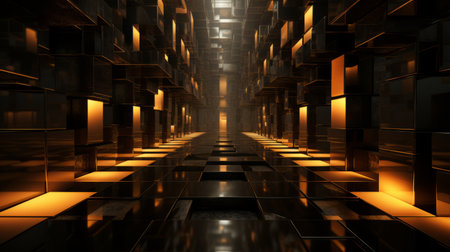 a dark tunnel with orange lights in itの素材