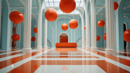 a room with orange balloons hanging from the ceilingの素材