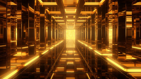 abstract 3d rendering of a golden hallway with a light at the endの素材