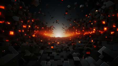 an abstract image of a dark tunnel with orange lightsの素材