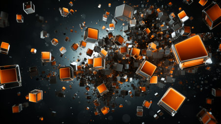 an abstract image of orange cubes flying in the airの素材