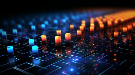 an abstract image of a computer screen with glowing blue and orange lightsの素材