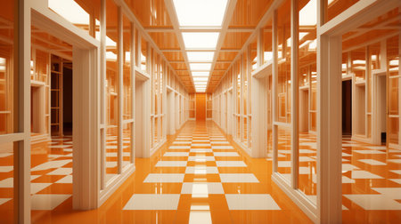 an orange hallway with white walls and checkered floorの素材