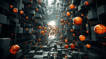 orange spheres in a black and white tunnelの素材