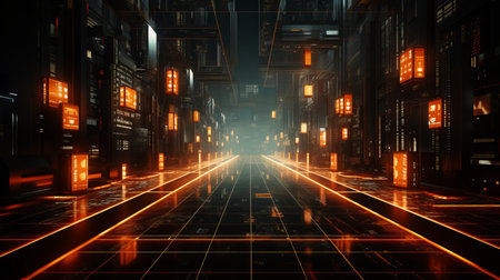 futuristic tunnel with glowing lights and neon signs in a dark roomの素材