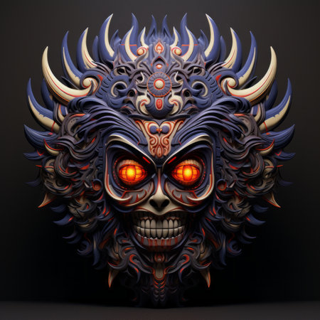 3d illustration of a skull with glowing eyes on a black backgroundの素材
