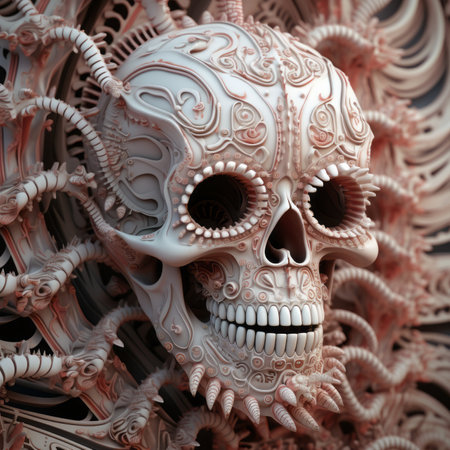 3d rendering of a skull with intricate designsの素材