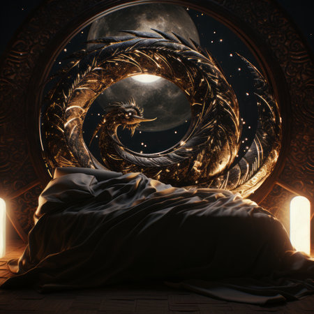 a bed with a dragon on it in front of a full moonの素材