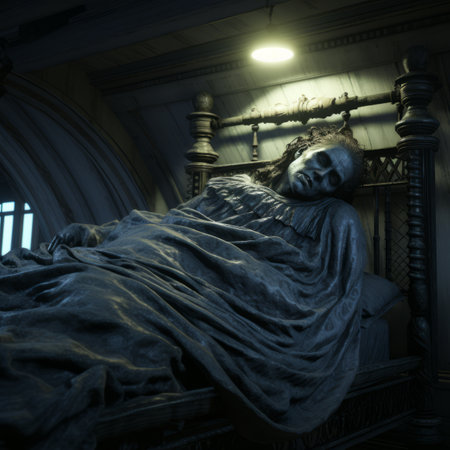 a bed with a dead person laying on itの素材