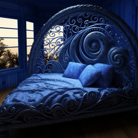 a bed with blue pillows in a room with a windowの素材