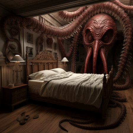 a bedroom with a bed and an octopus in the middle of the roomの素材