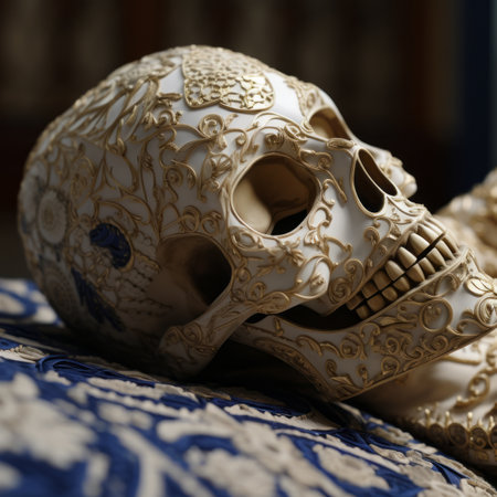 a close up of a skull on a bedの素材