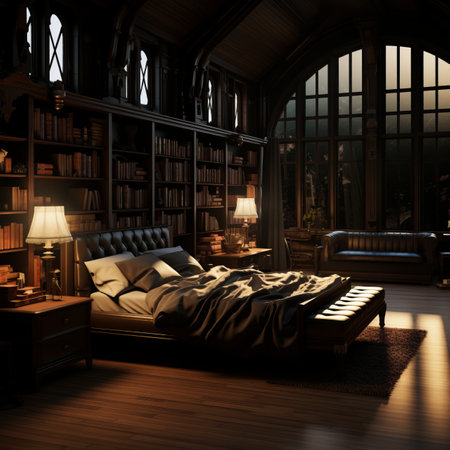 a bedroom with a bed and bookshelves in the backgroundの素材